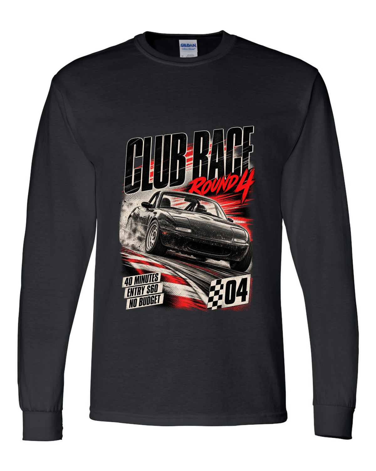 Race poster print for the Mazda MX-5 NA 1989-97 reading club race round 4, 40 minutes, entry $60 black long sleeve front view with the design