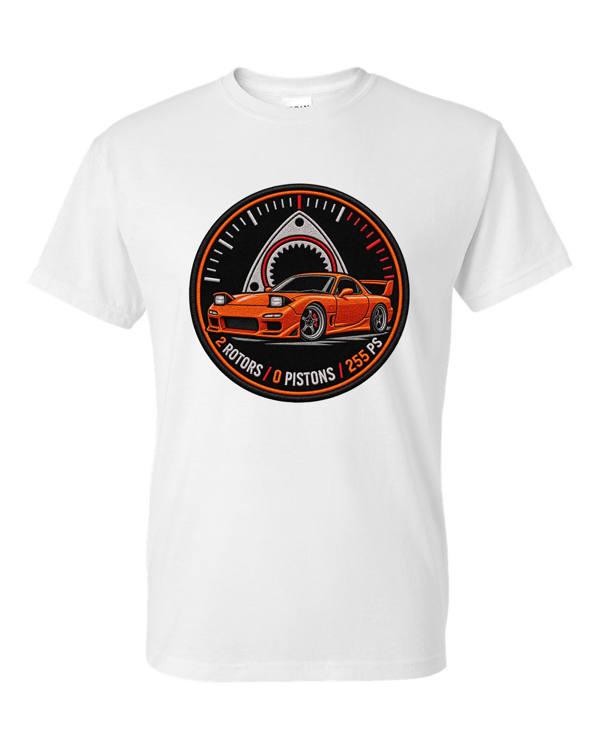 Round embroidery-style crest print for the Mazda RX-7 FD3S with 2 rotors 0 pistons 255 PS lettering white t-shirt front view with the design