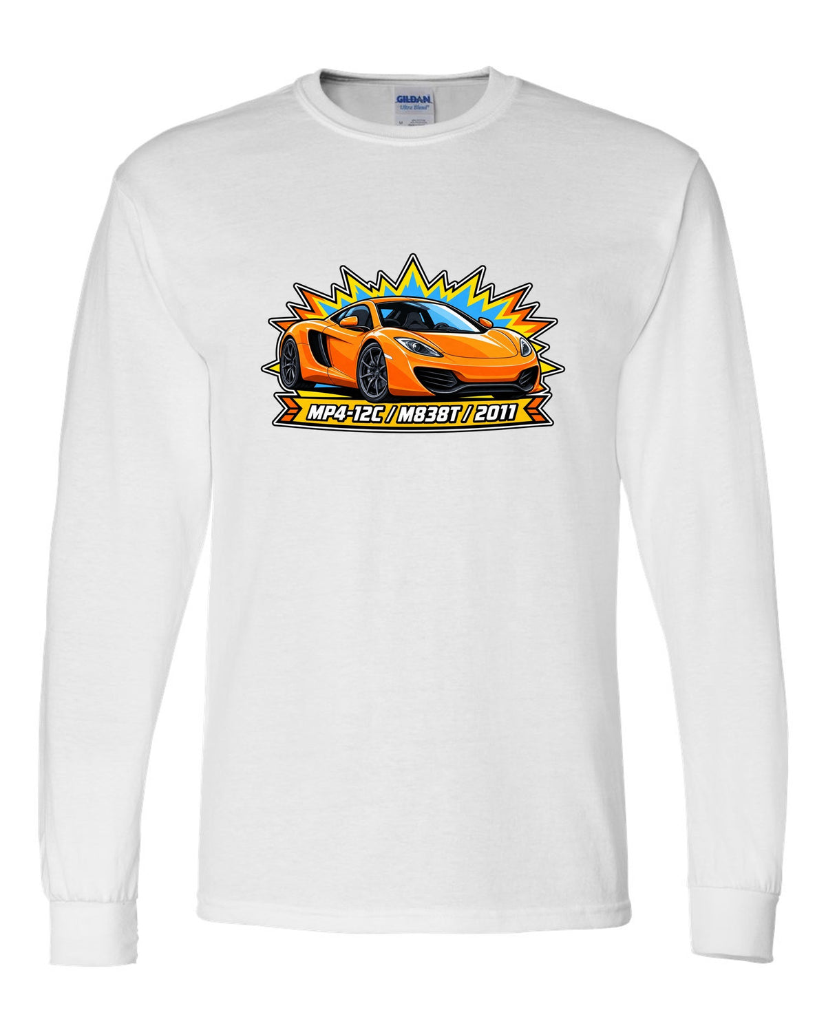 Toy blister card print of a McLaren 12C with MP4-12C, M838T and 2011 lettering white long sleeve front view with the design