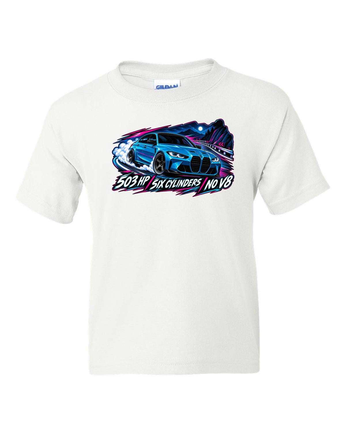 BMW G80 M3 Competition cel-shaded anime night touge print with 503 HP text white kids tee front view with the design