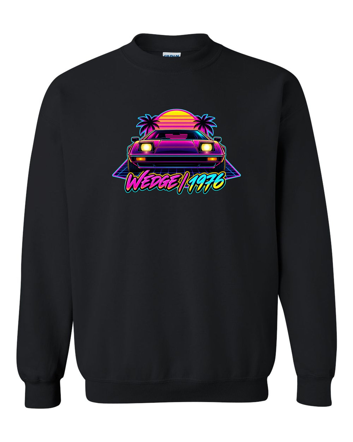 Lotus Esprit 1976 wedge in synthwave neon with WEDGE 1976 lettering black crewneck front view with the design