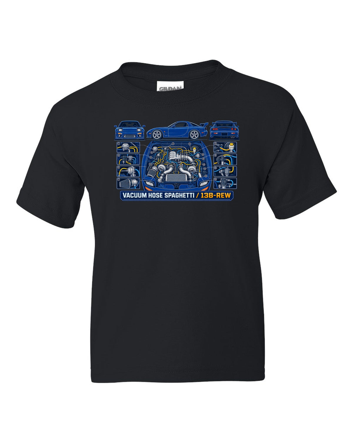 Patent drawing schematic print of a Mazda RX-7 FD3S 13B-REW with text Vacuum Hose Spaghetti black kids tee front view with the design