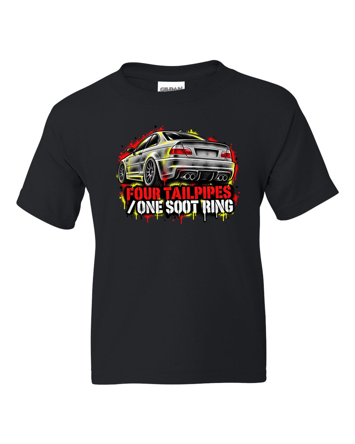 Stencil spray street art of four tailpipes on a BMW E46 M3 coupe with soot ring text black kids tee front view with the design