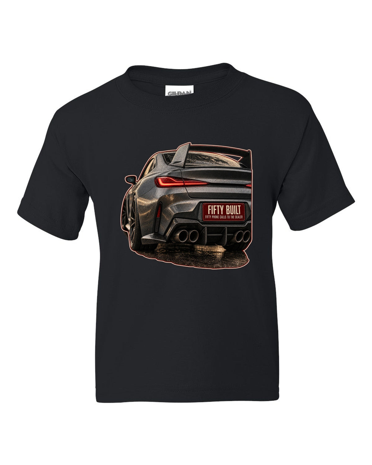 BMW 3.0 CSL 2023 rear light macro print black kids tee front view with the design