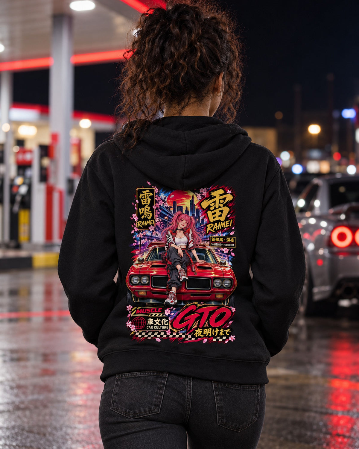 RAIMEI GTO Anime Girl Full-Back Graphic Tee Zip Hoodie Black worn hero