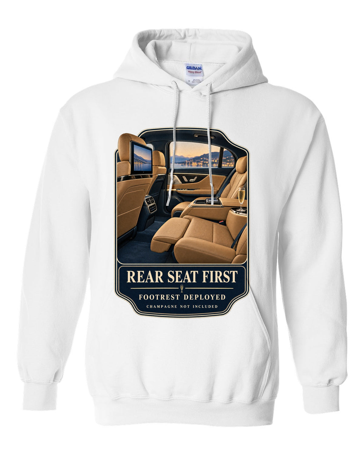 print of the Mercedes-Maybach S680 rear executive cabin with footrest deployed white pull over hoodie front view with the design