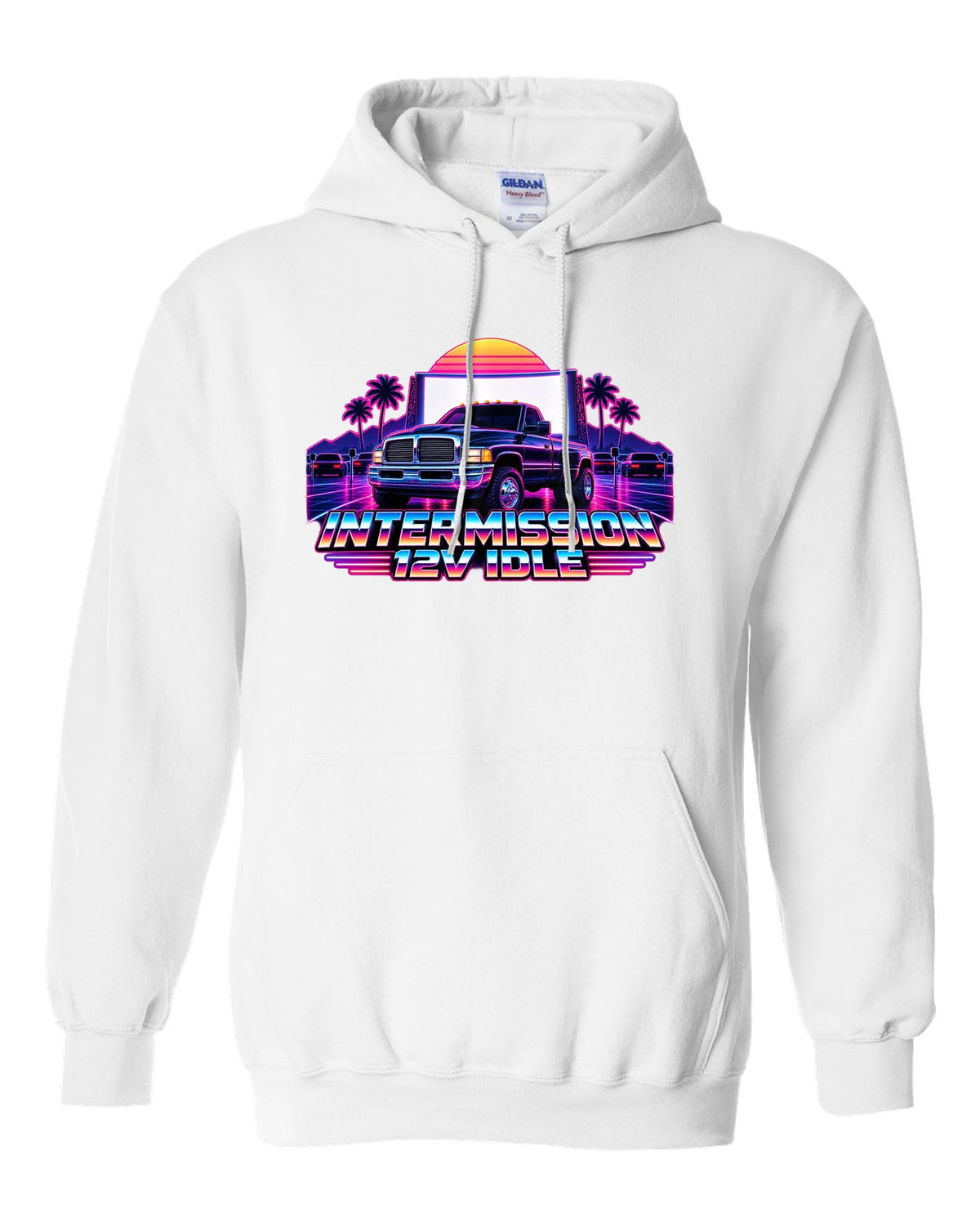 Neon synthwave grid print of a 1994-1998 Dodge Ram 2nd gen 12V with intermission 12V idle text white pull over hoodie front view with the design