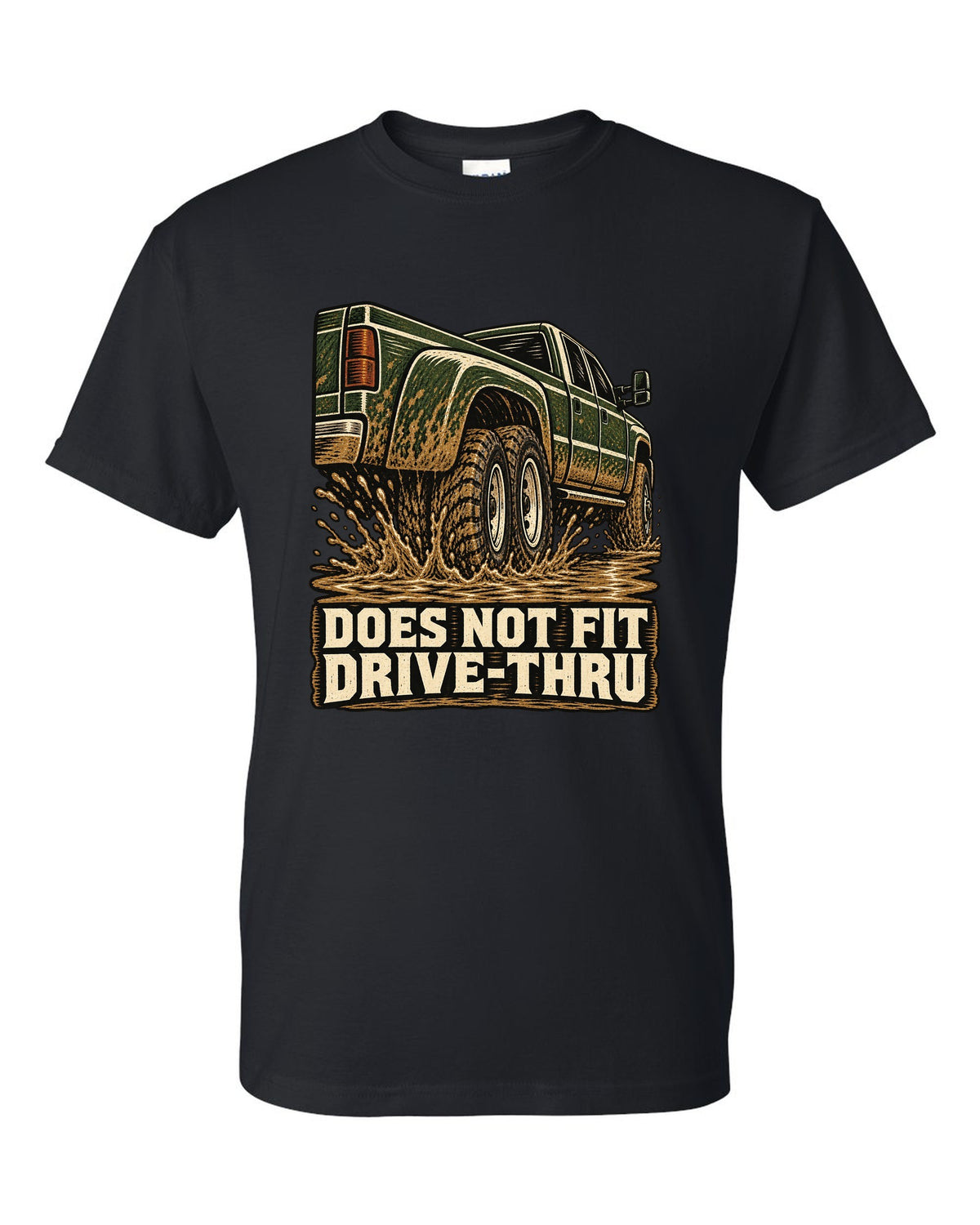 Woodcut print of a 1994-1998 Dodge Ram 3500 dually Cummins with drive-thru text black t-shirt front view with the design