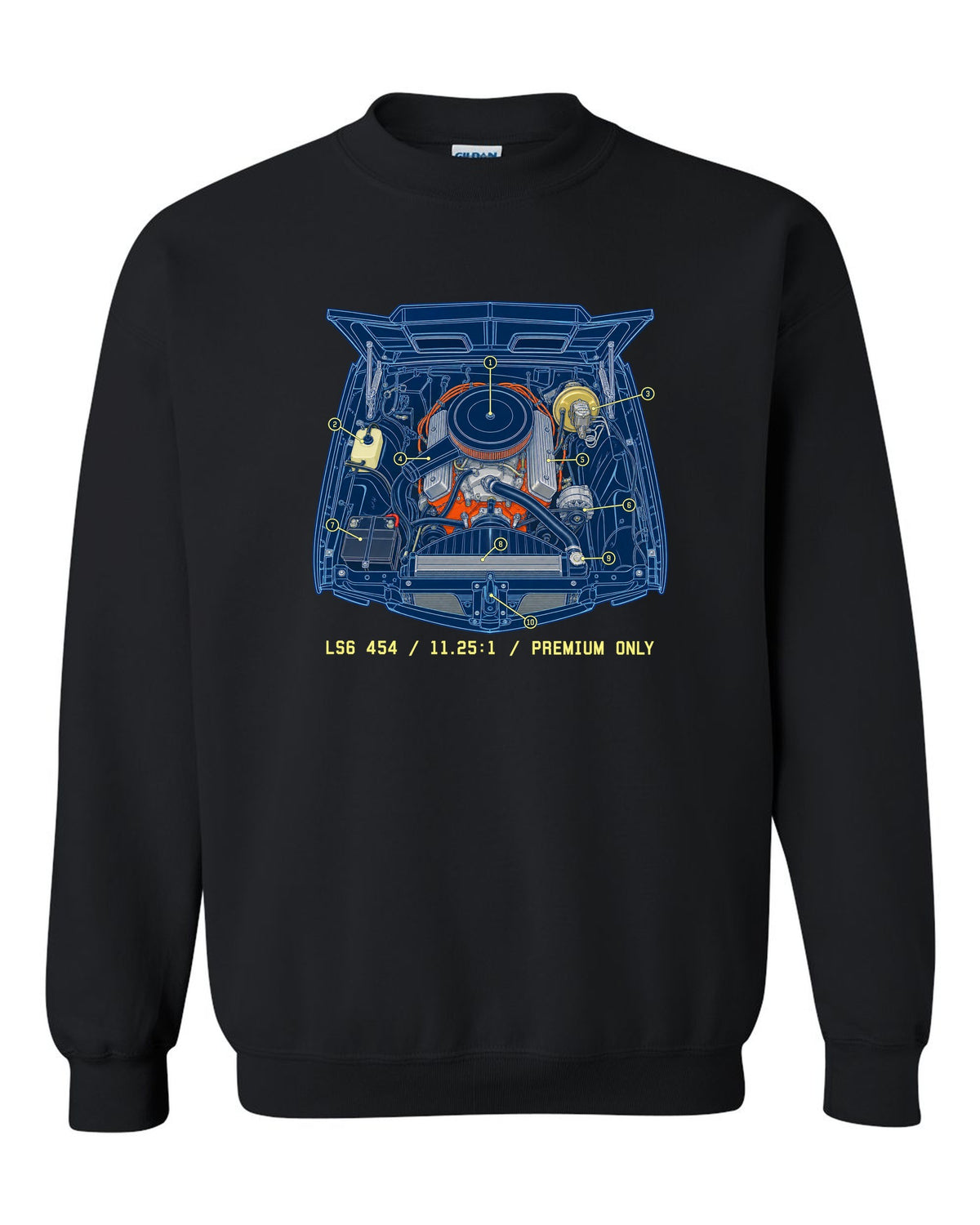 Blueprint line art print of a 1970 Chevelle SS 454 engine bay with the text LS6 454, 11.25:1, Premium Only black crewneck front view with the design