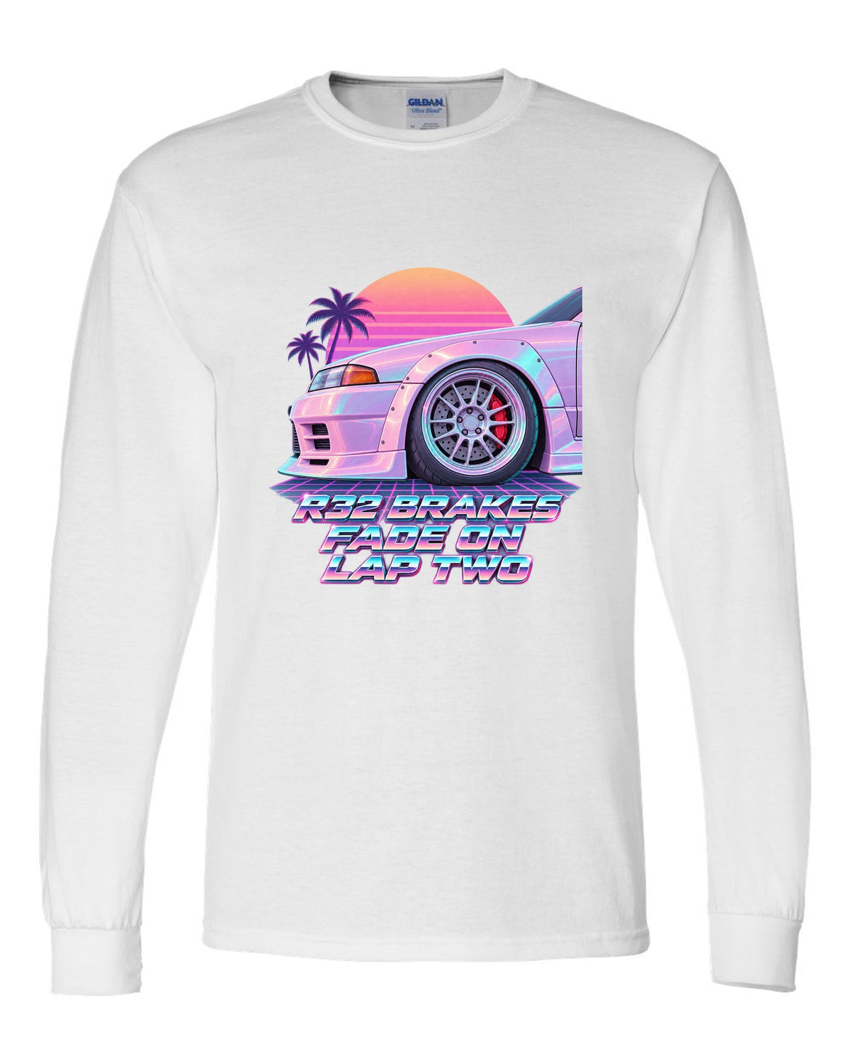 Vaporwave pastel print of a brake wheel with Nissan Skyline GT-R BNR32 brake fade lettering white long sleeve front view with the design
