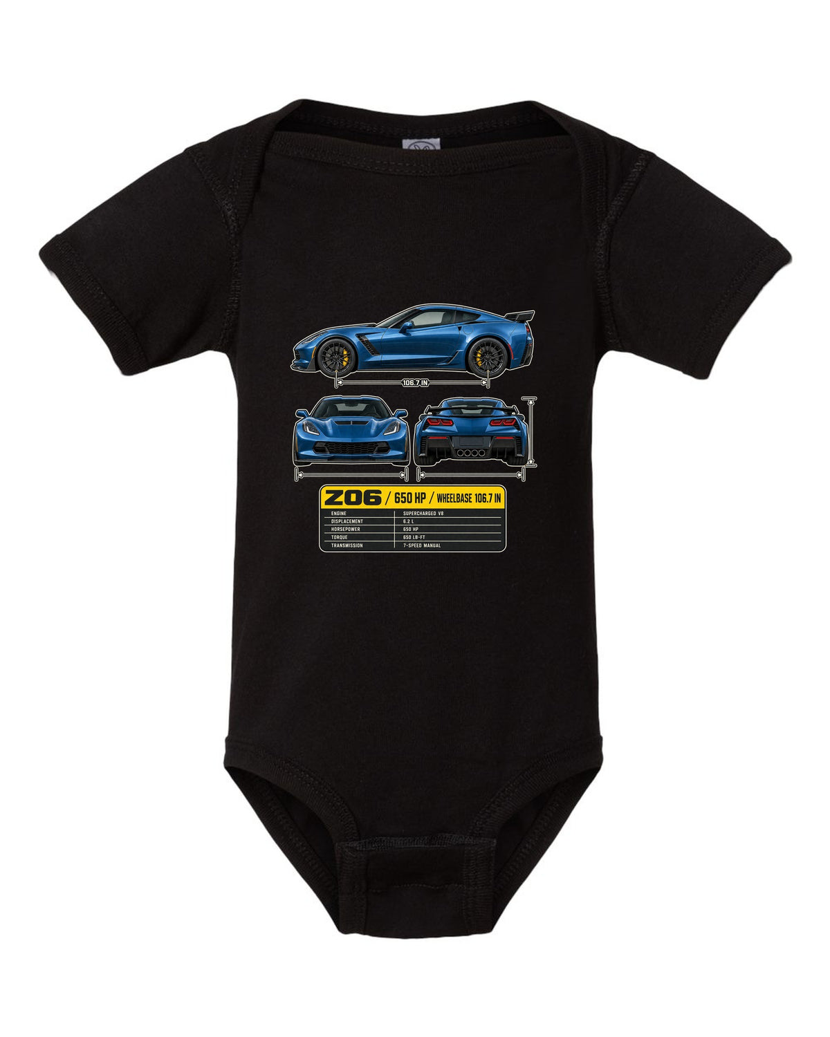 print of a Chevrolet Corvette C7 Z06 three-view drawing with a spec table black baby onesie front view with the design