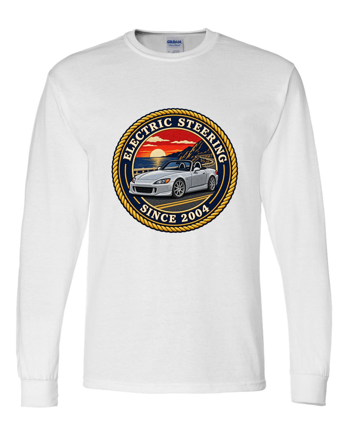 Embroidery-style round crest print of a 2004 Honda S2000 AP2 roadster white long sleeve front view with the design