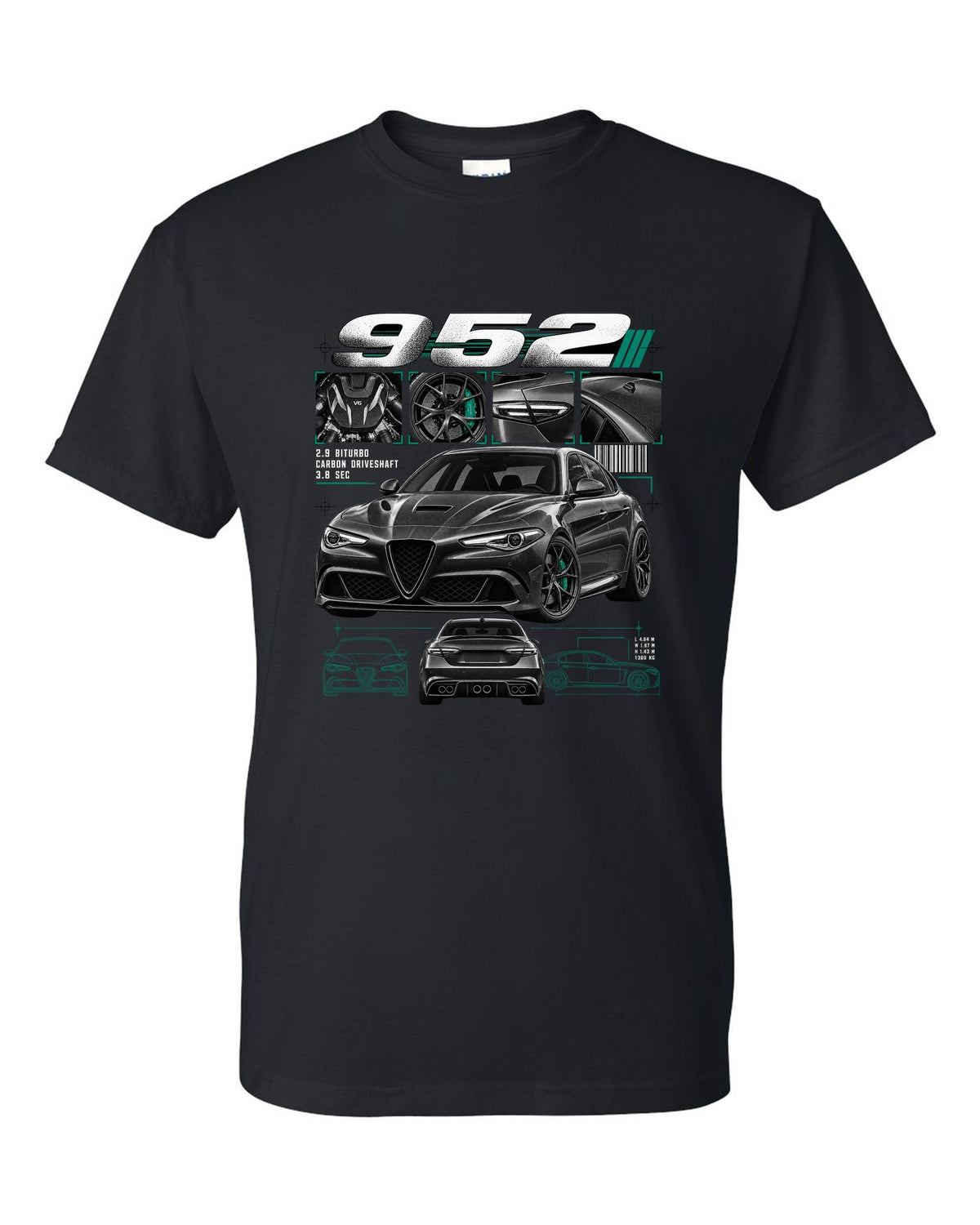 Dossier panel print of an Alfa Romeo Giulia Quadrifoglio 952 with 2.9 biturbo and carbon driveshaft text black t-shirt front view with the design