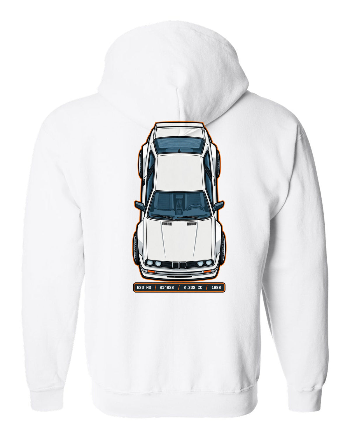 Top view spec sheet print of a BMW E30 M3 with S14B23 2,302 cc 1986 data plate text white zip hoodie back view with the design