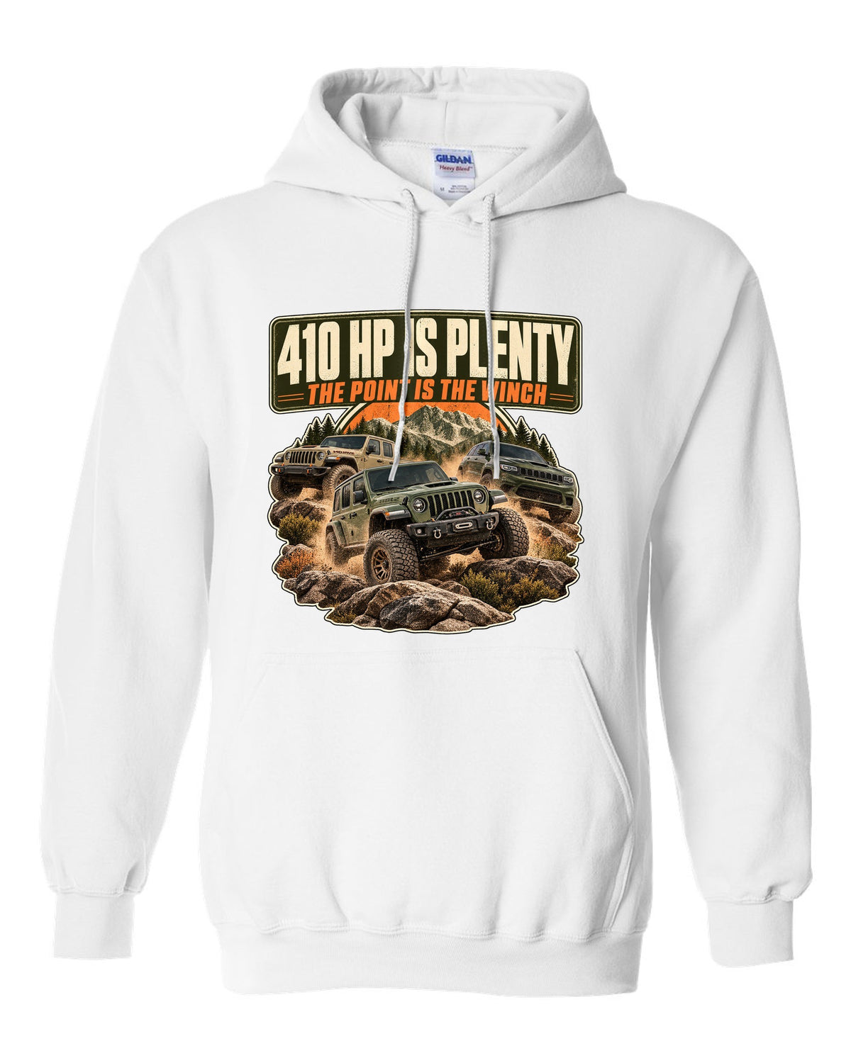 Editorial headline print for the Ram 2500 Power Wagon 6.4L V8 about horsepower and the winch white pull over hoodie front view with the design