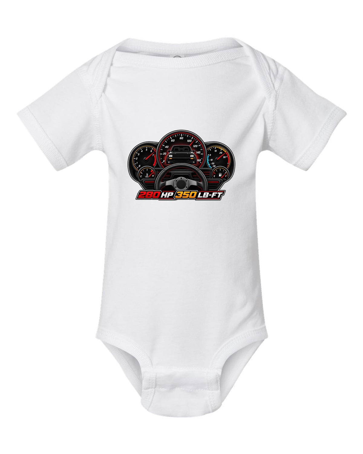 Gauge cluster HUD design for a 1991 GMC Syclone showing 280 HP and 350 LB-FT white baby onesie front view with the design