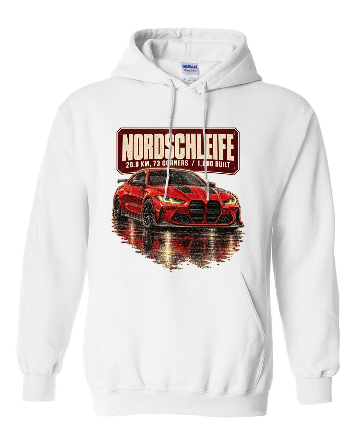 BMW M4 CSL G82 Nordschleife night scene print white pull over hoodie front view with the design