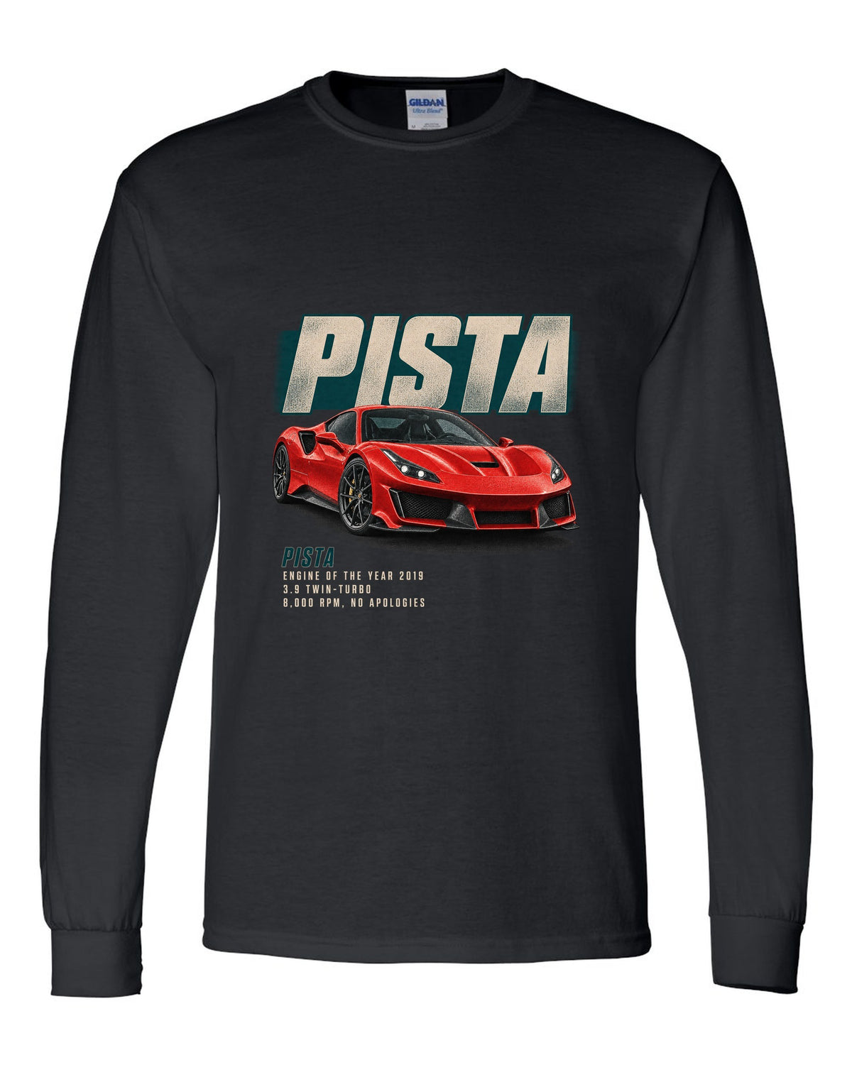 Editorial headline print of a red Ferrari 488 Pista in front three-quarter view black long sleeve front view with the design