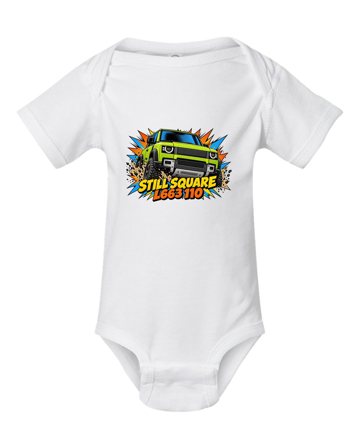 Comic halftone pop-art close-up of a Land Rover Defender L663 headlight with L663 110 lettering white baby onesie front view with the design