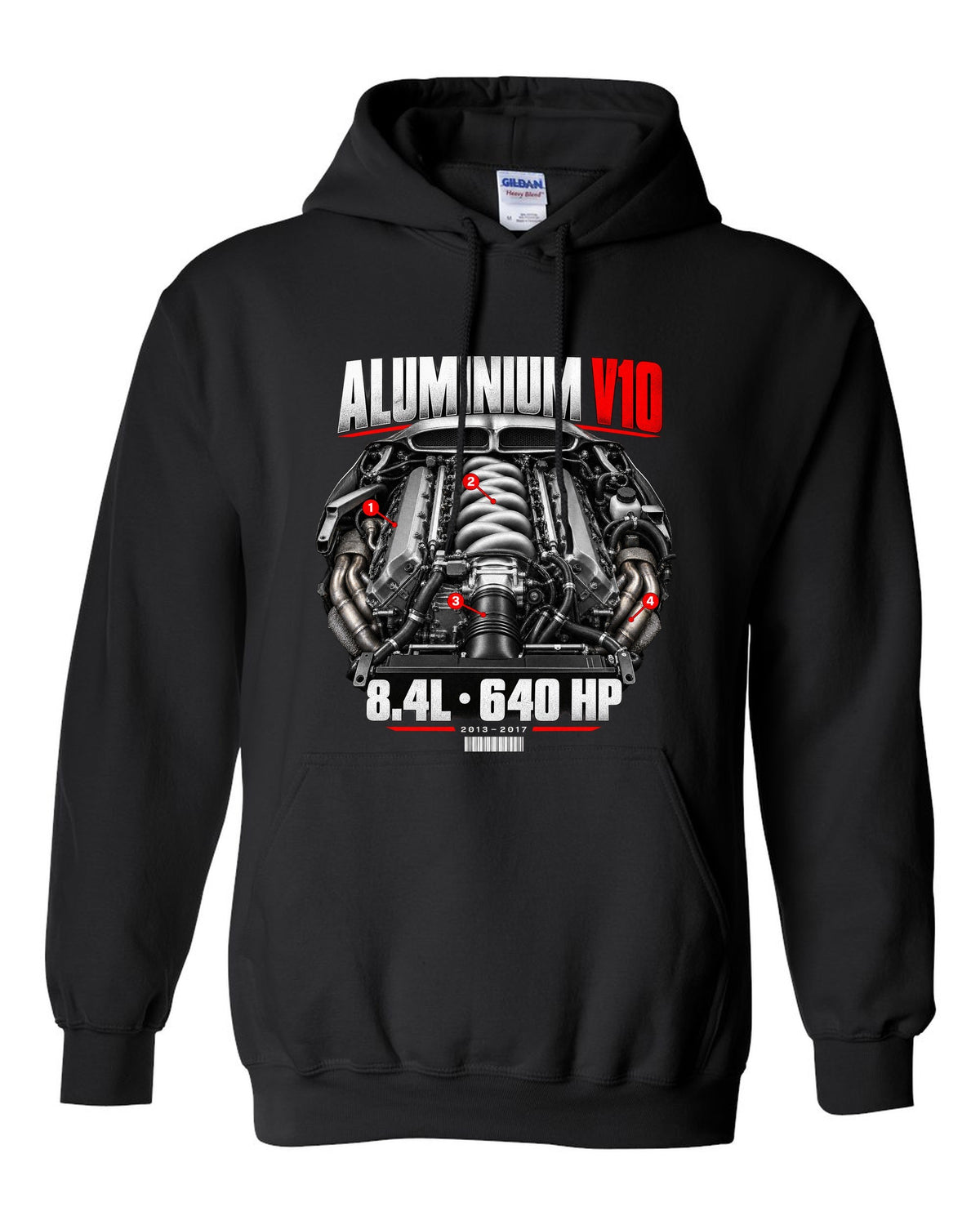 Dodge Viper VX aluminium V10 engine hero print with 8.4L and 640 HP lettering black pull over hoodie front view with the design