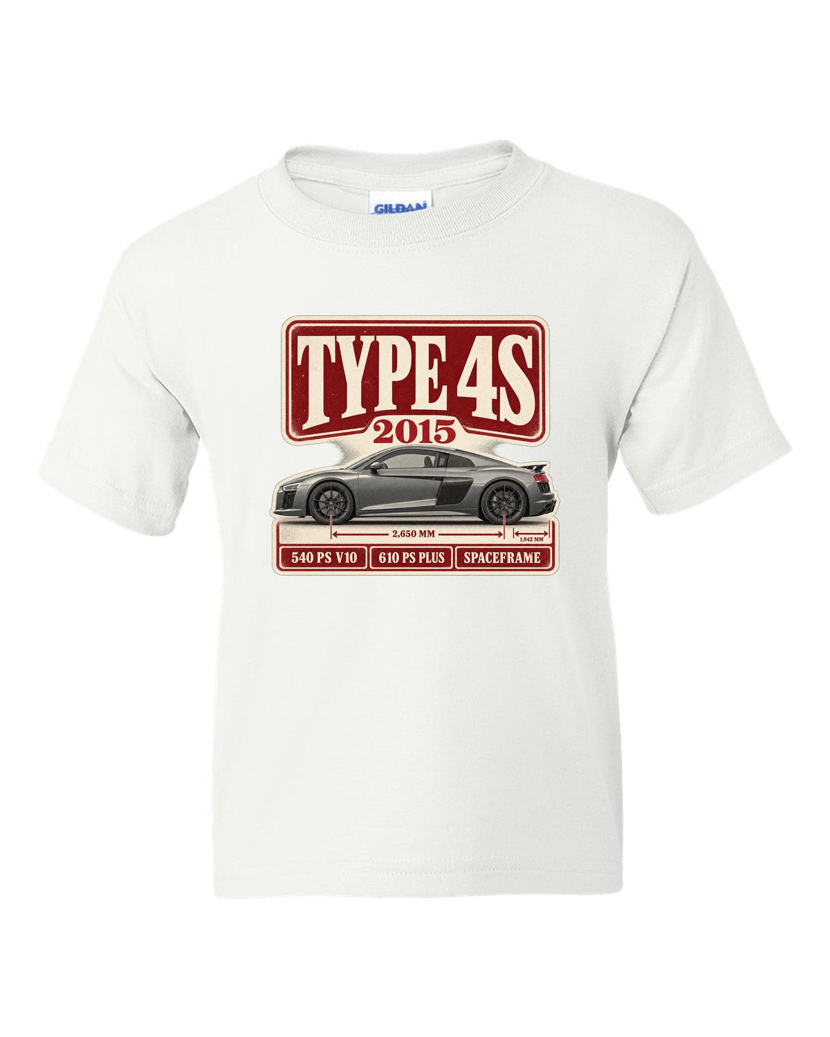 Audi R8 V10 Type 4S 2015 launch archive panel print design white kids tee front view with the design