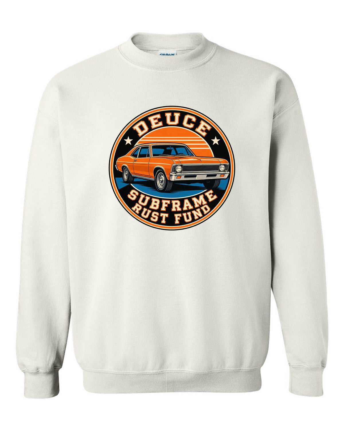 1968 Nova X-body in a round varsity crest with text Deuce Subframe Rust Fund white crewneck front view with the design
