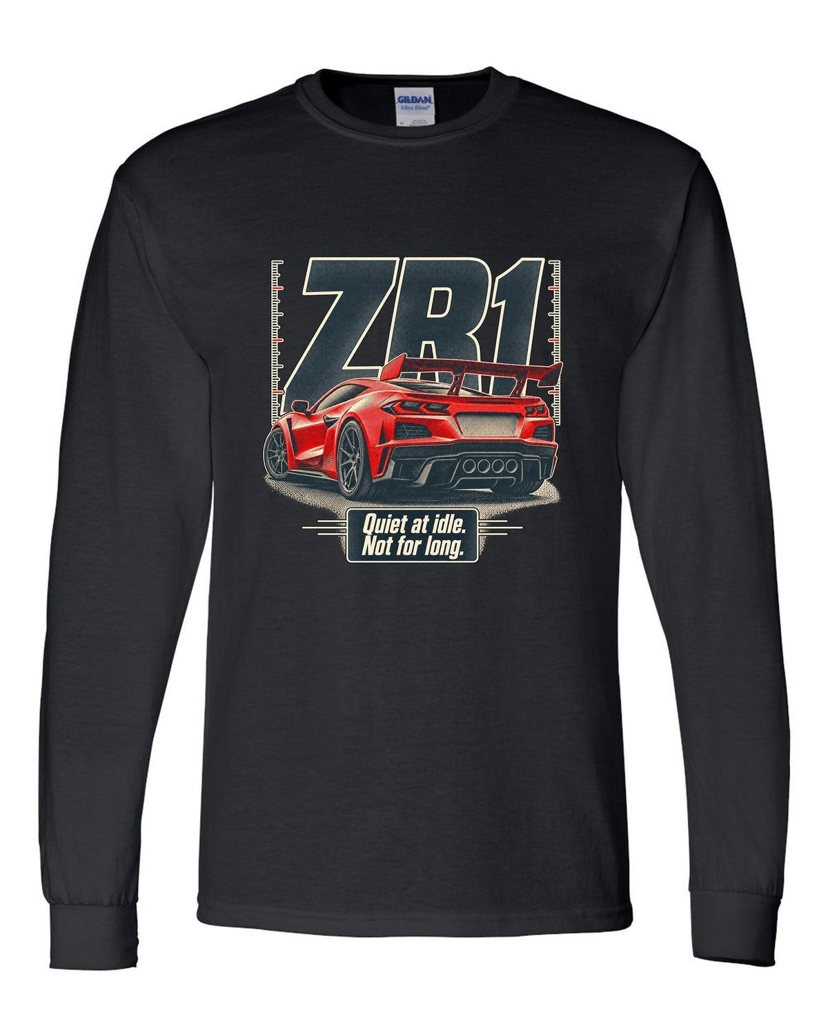Halftone print of a Chevrolet Corvette C8 ZR1 with a quiet at idle statement black long sleeve front view with the design
