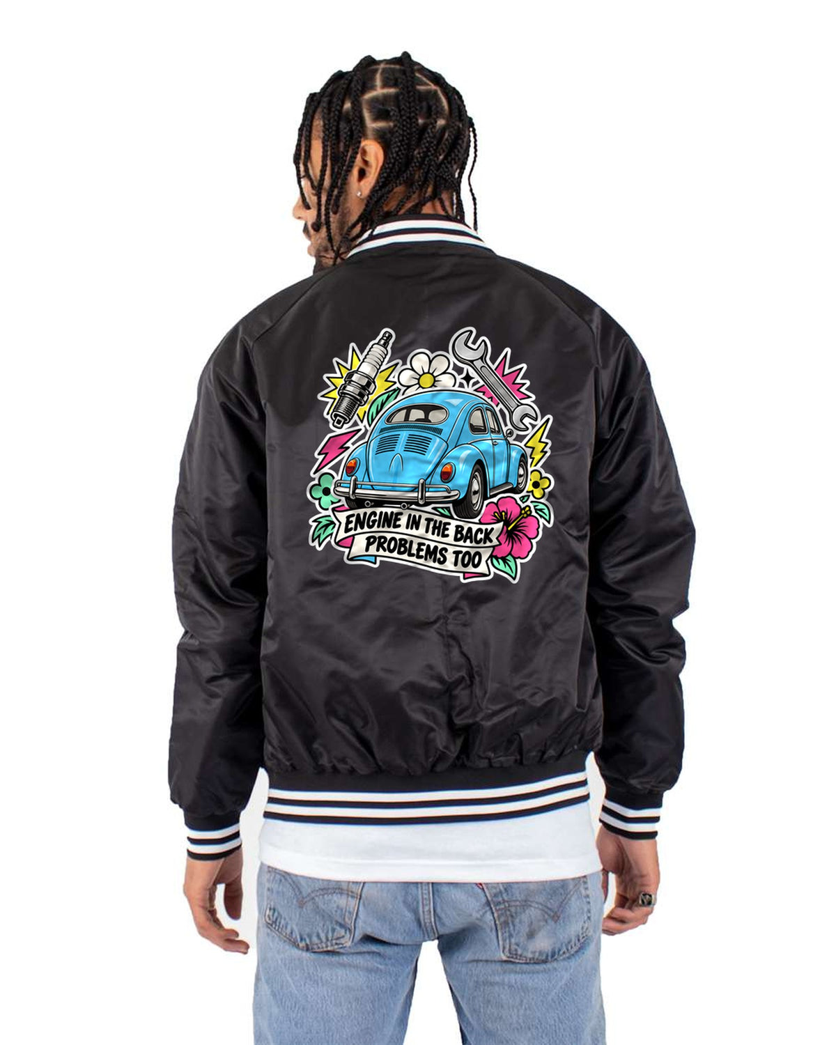 VW Beetle Type 1 Engine In The Back Sticker Collage Tee Bomber Jacket Black back