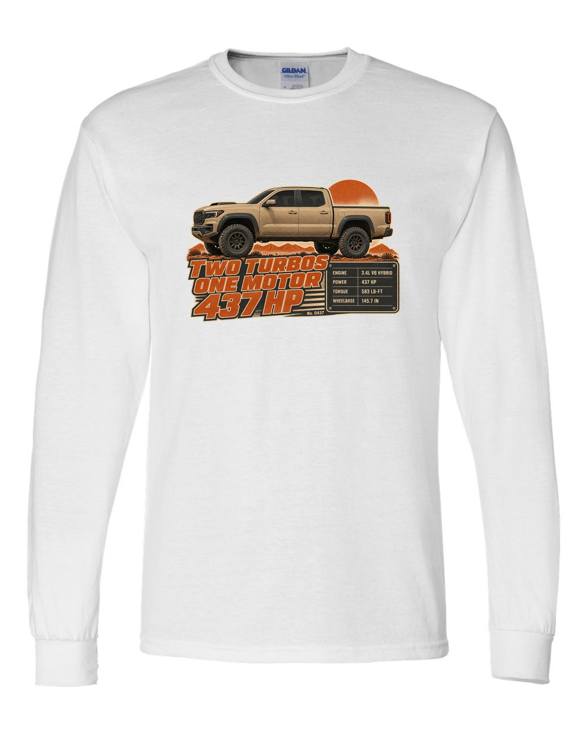 Toyota Tundra TRD Pro i-FORCE MAX hybrid spec poster design white long sleeve front view with the design