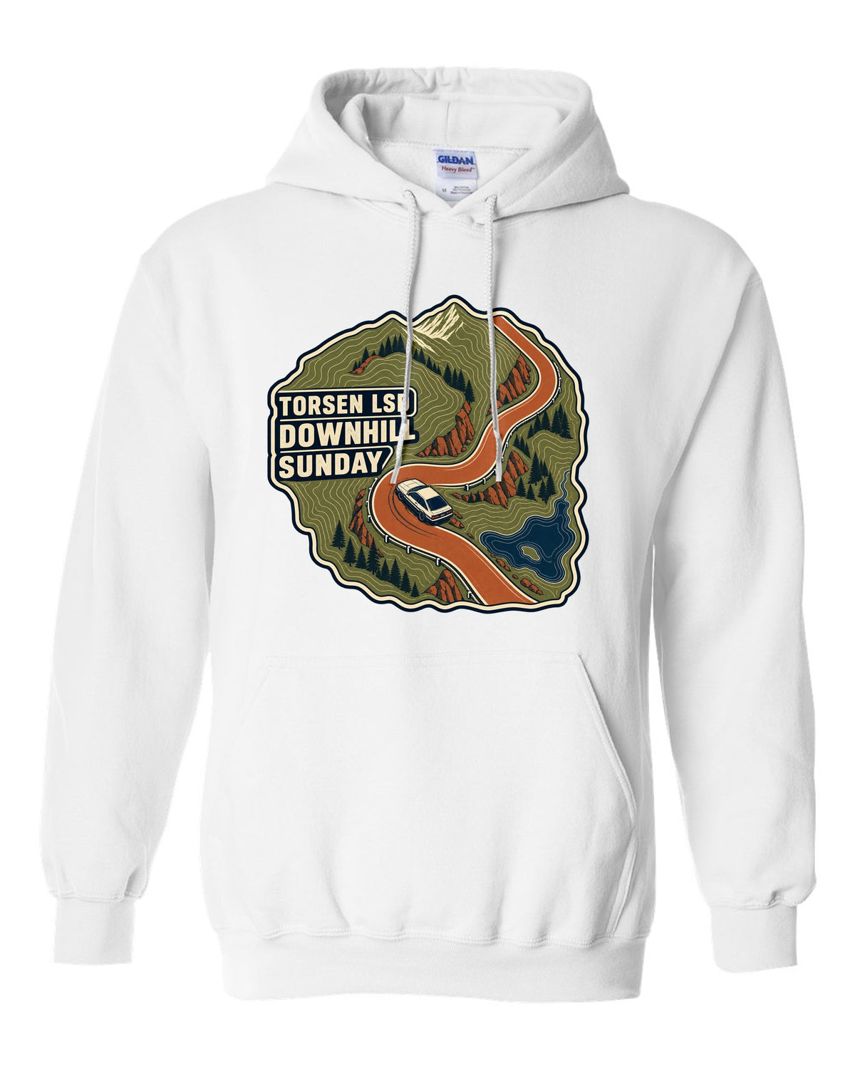 Topographic route map print for a Hyundai Genesis Coupe BK2 with Torsen LSD downhill Sunday text white pull over hoodie front view with the design