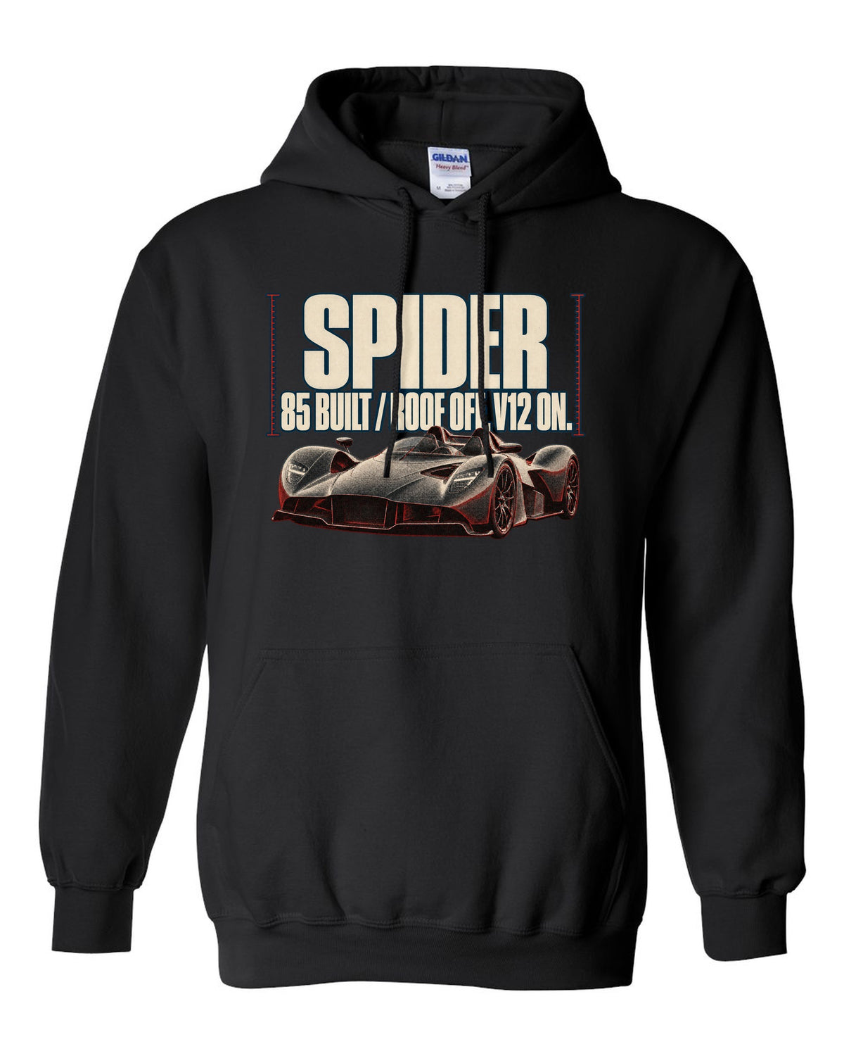 Aston Martin Valkyrie Spider 2022 halftone print with 85 built and roof off V12 on text black pull over hoodie front view with the design