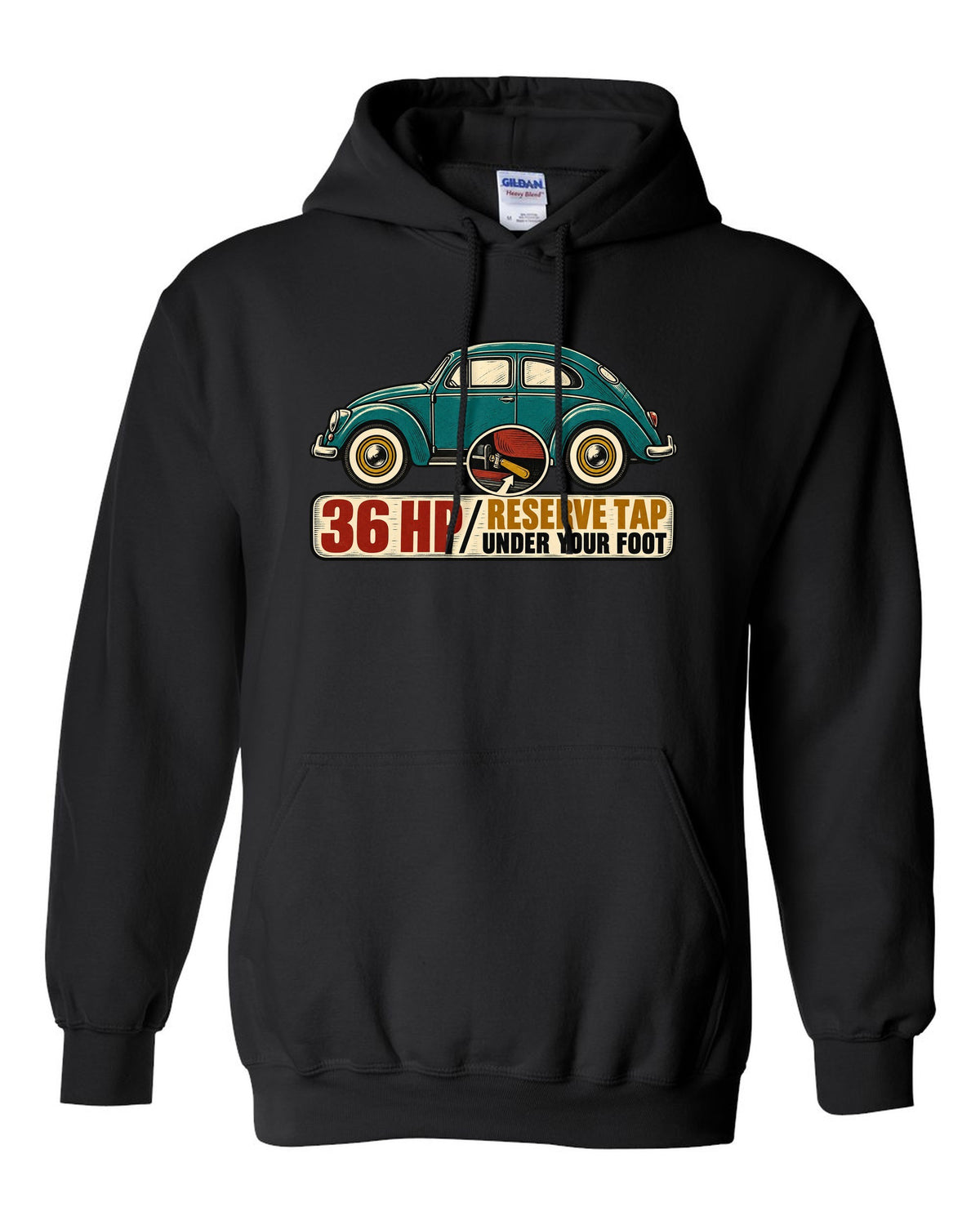 Multi-colour linocut of a 1955 oval-window VW Beetle with reserve tap lettering black pull over hoodie front view with the design