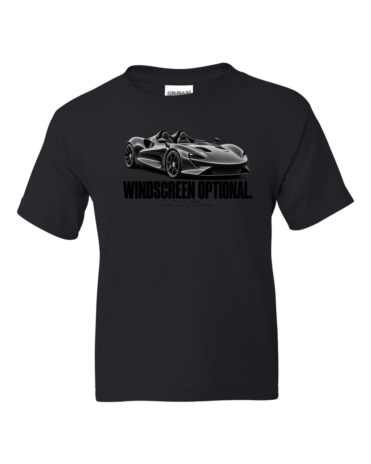 Halftone print of a 2020 McLaren Elva with windscreen optional text and 804 PS black kids tee front view with the design