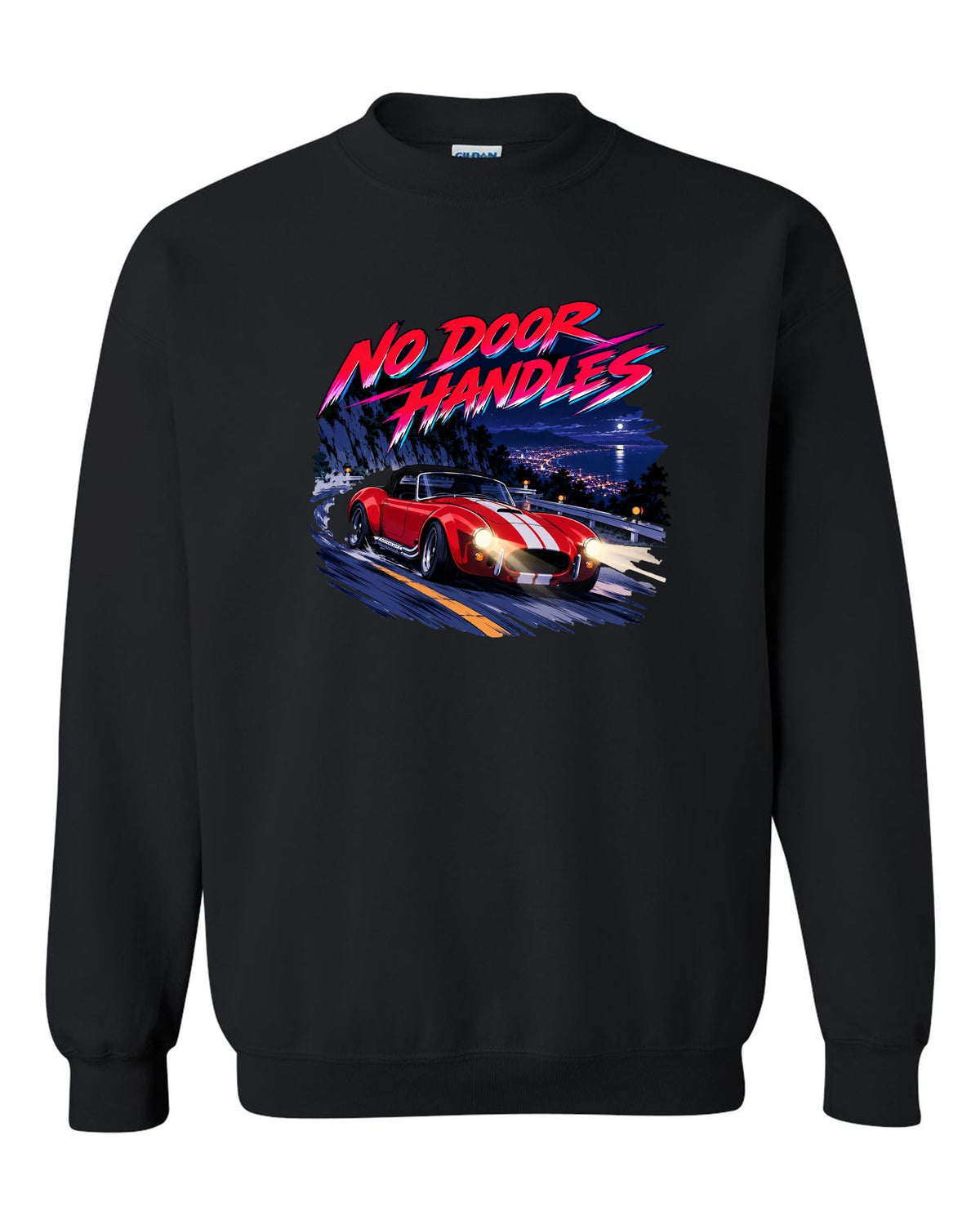 Cel-shaded anime night touge scene with a 1995 Dodge Viper RT/10 SR I and no door handles caption black crewneck front view with the design
