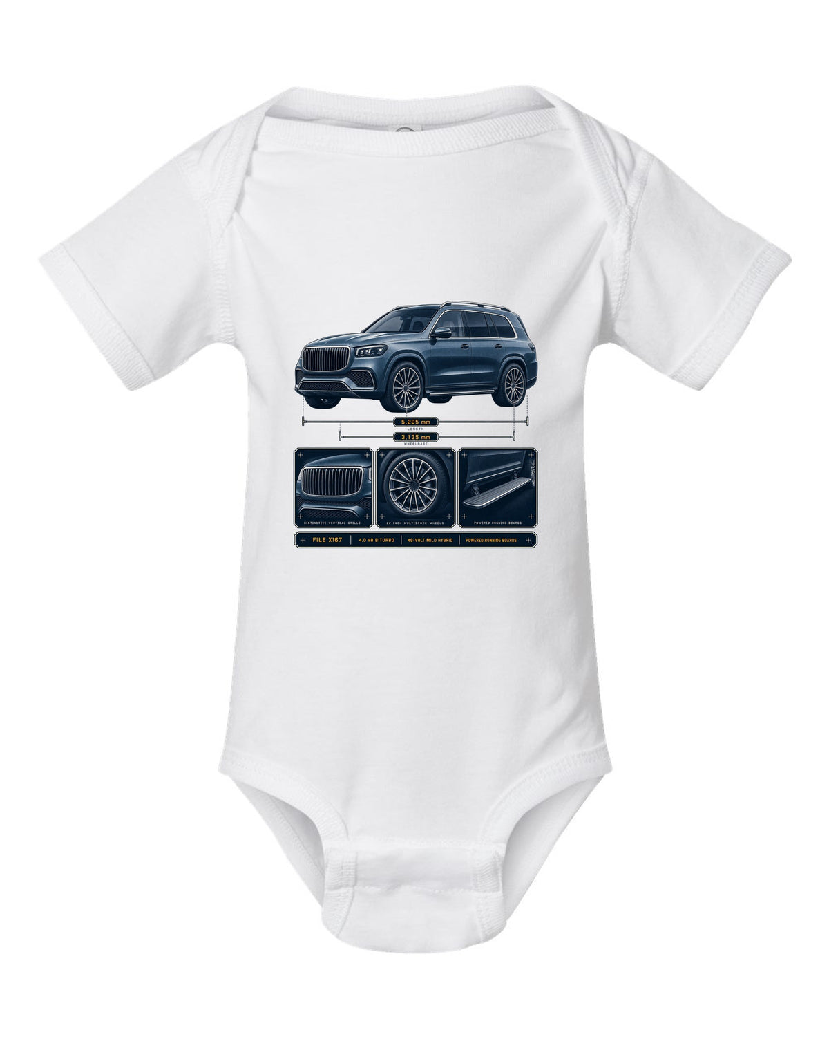 print dossier panels of a Mercedes-Maybach GLS 600 X167 in blue-grey white baby onesie front view with the design