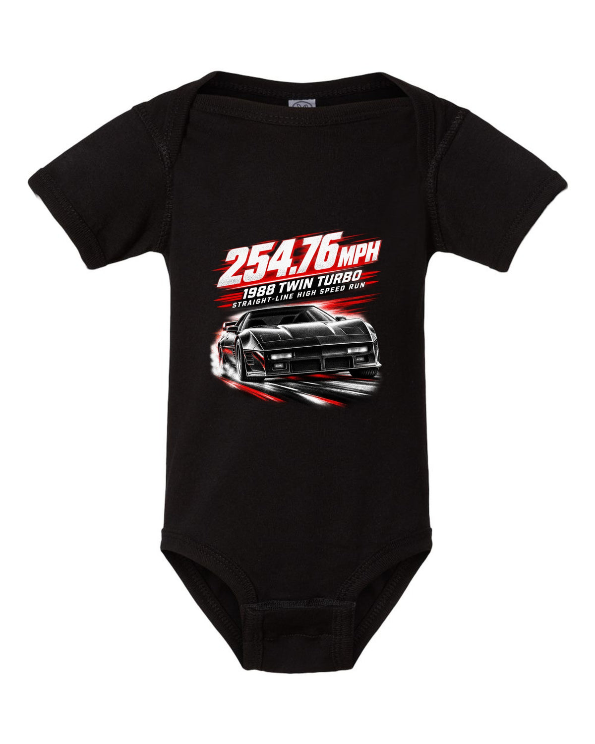 Callaway Sledgehammer 1988 twin-turbo C4 coupe race poster print 254.76 mph black baby onesie front view with the design