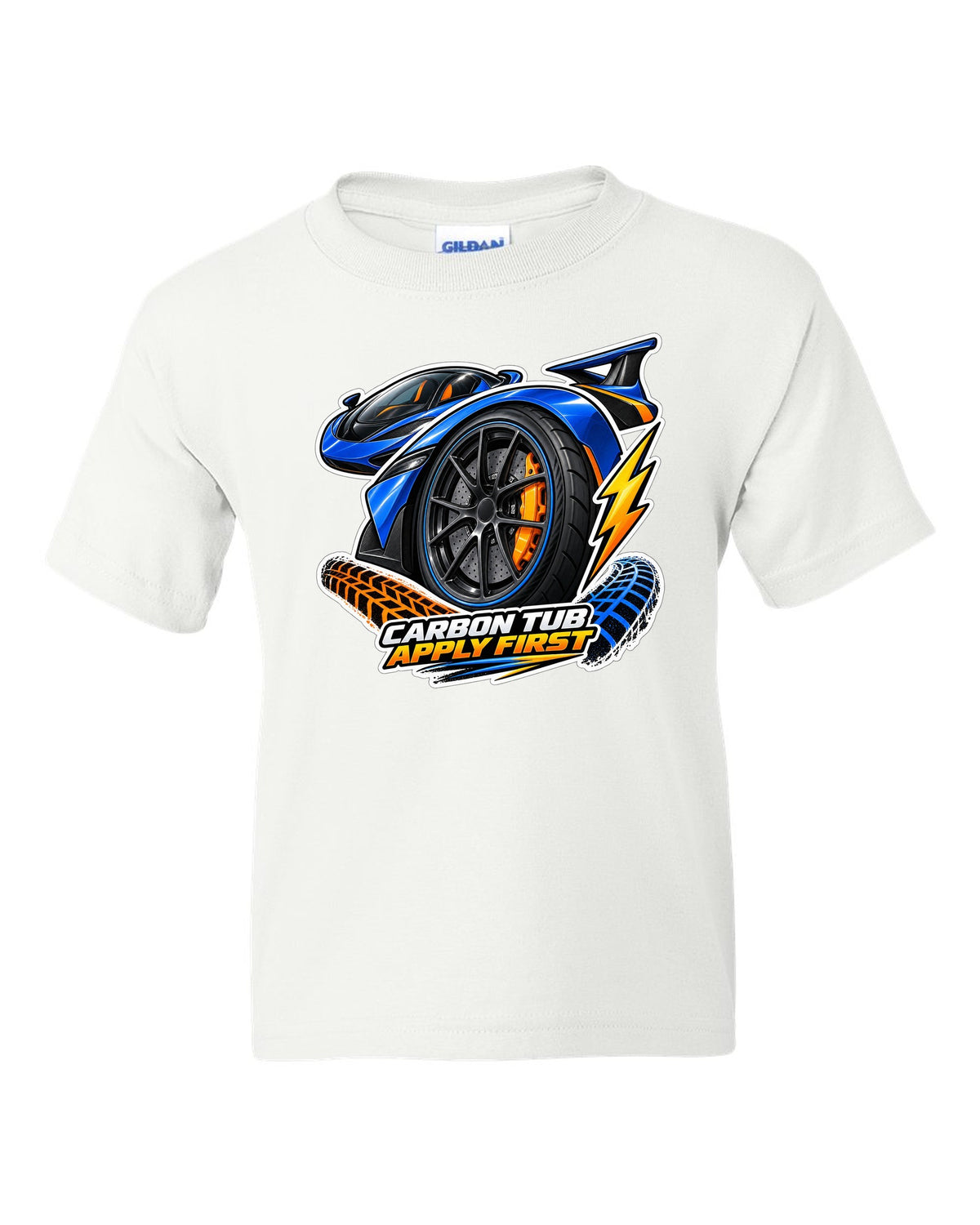 Sticker-bomb collage print for the 2017-2022 Ford GT with carbon tub text white kids tee front view with the design