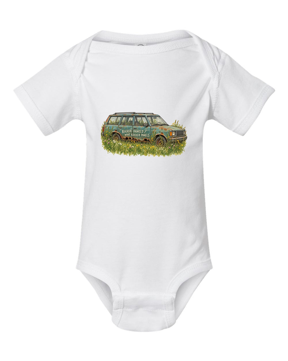 Watercolour print of a Jeep Cherokee XJ in a meadow with a rocker panel joke white baby onesie front view with the design