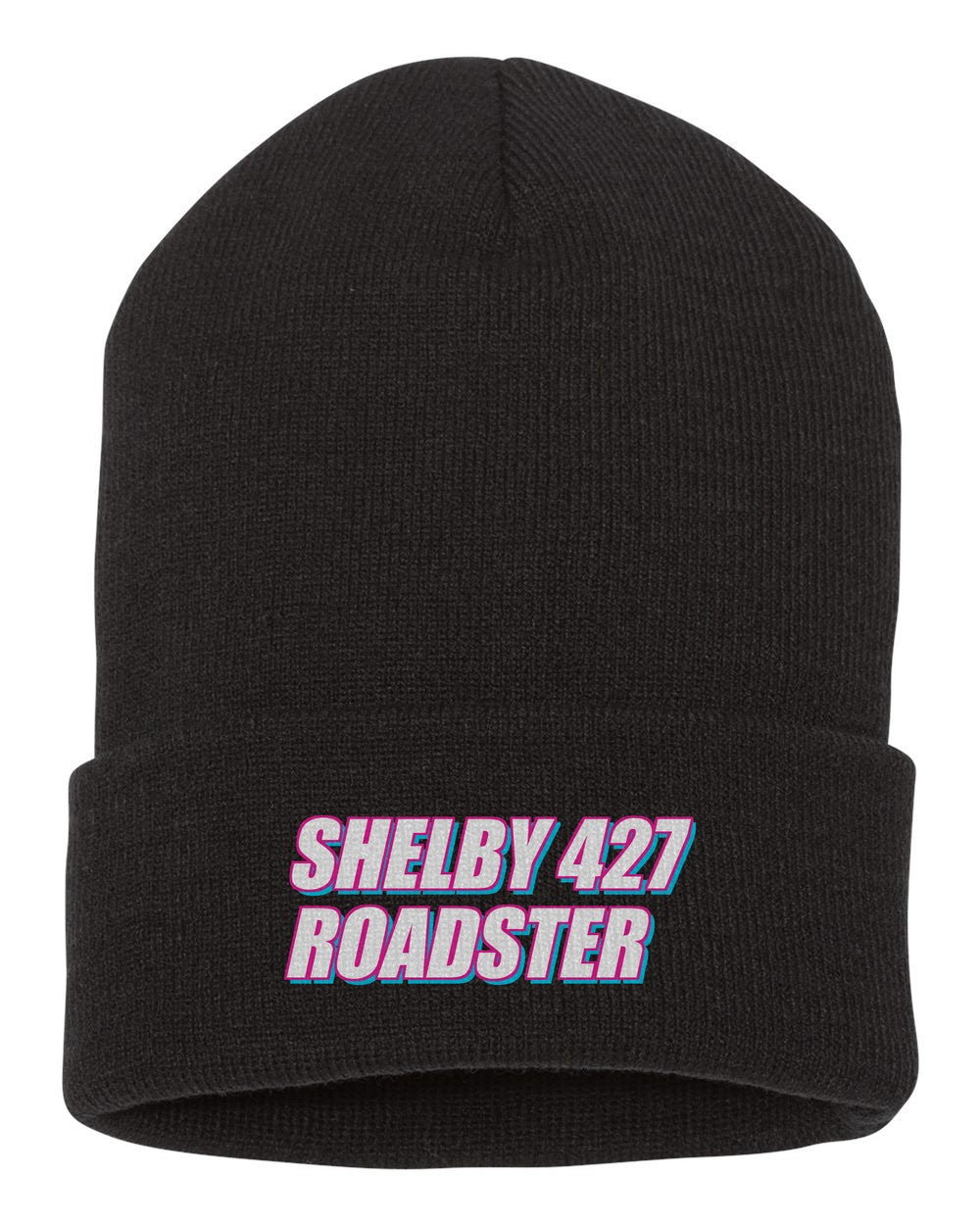 Shelby 427 Roadster black beanie front view with car name