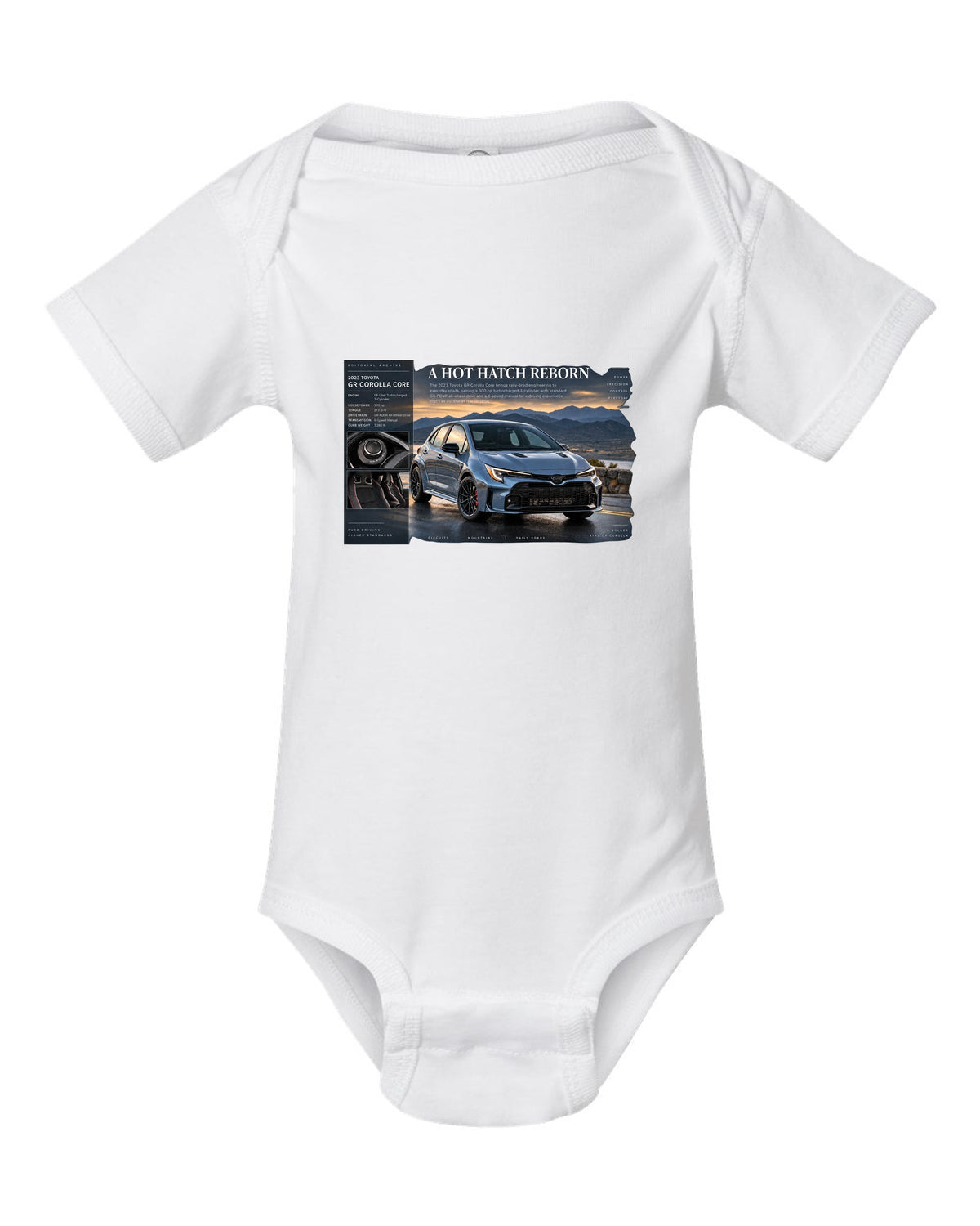 Toyota GR Corolla Core 2023 front three-quarter archive panel white baby onesie front view with the design