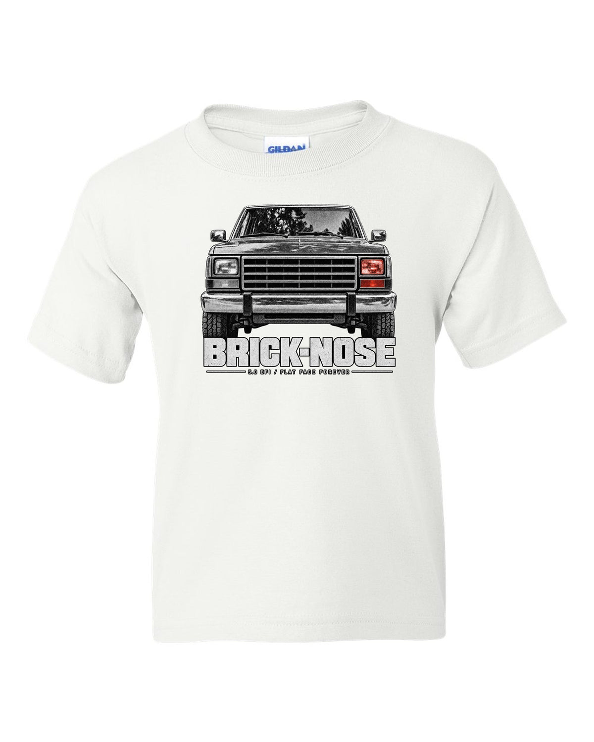 Ford Bronco Brick-Nose 1987-91 taillight macro print with 5.0 EFI text white kids tee front view with the design