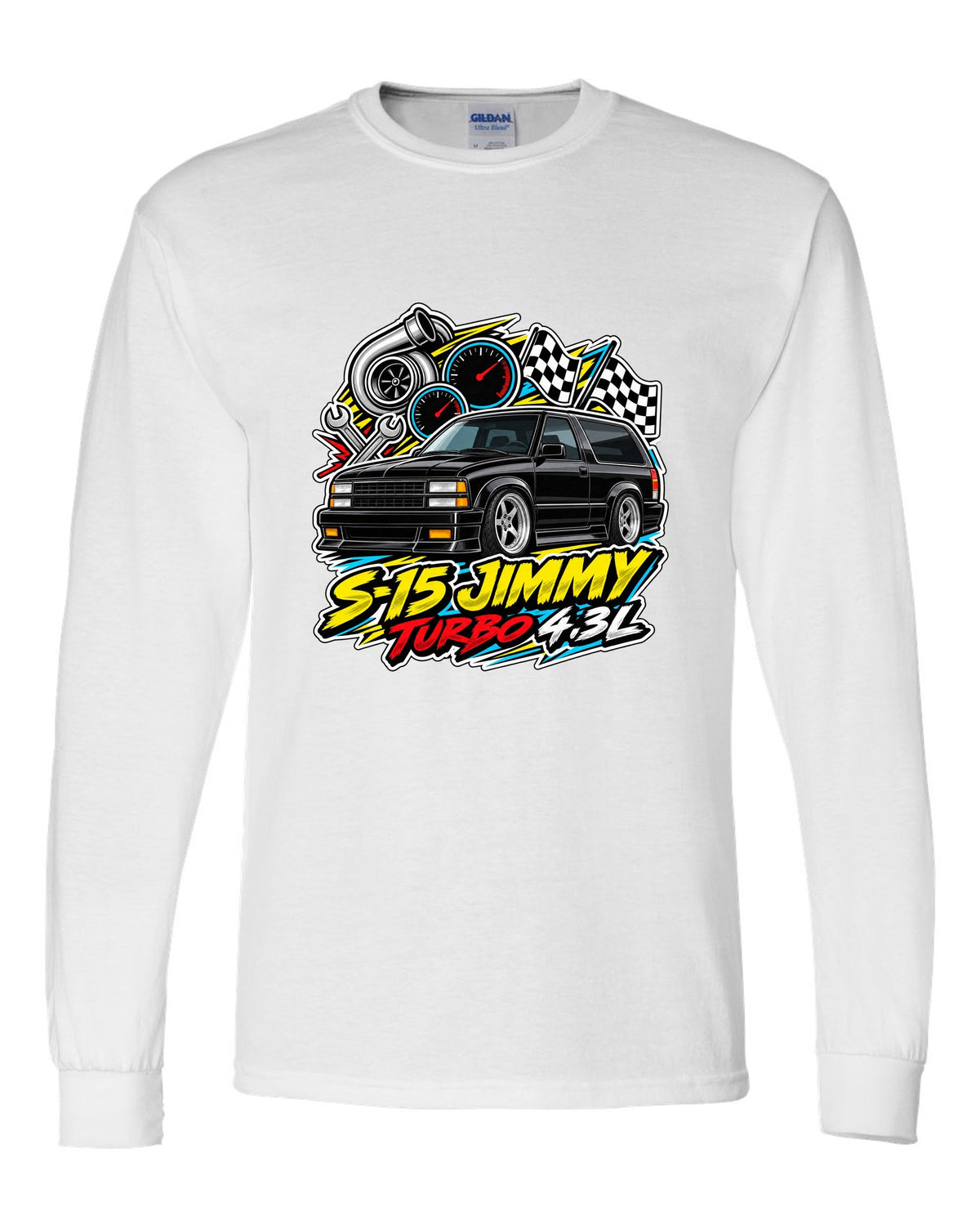 Sticker-bomb collage print of a 1992-93 GMC Typhoon with S-15 Jimmy Turbo 4.3L lettering white long sleeve front view with the design