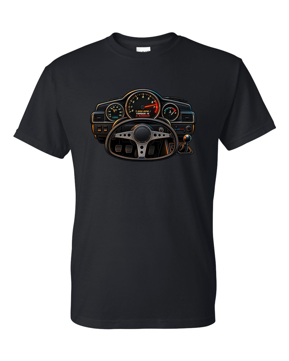 Linocut woodcut-style Toyota Corolla Levin AE86 with garage Saturday slogan black t-shirt front view with the design