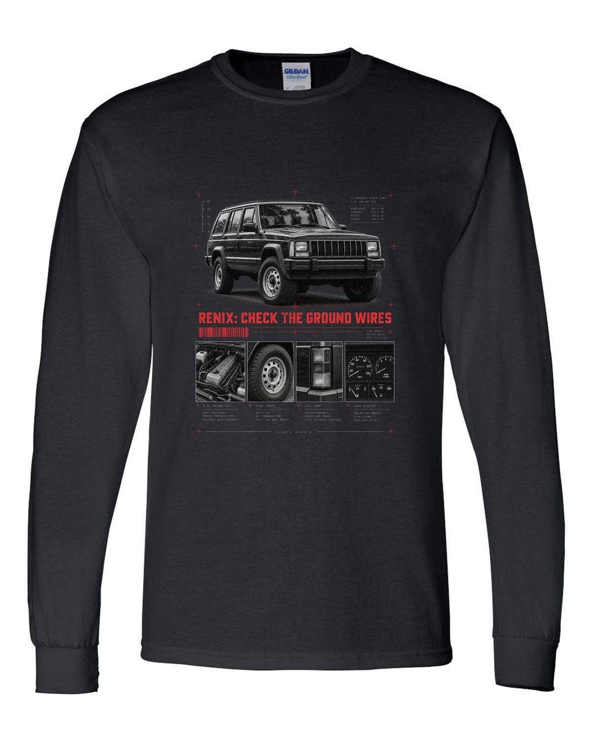 Dossier panel print for the Jeep Cherokee XJ Renix era, 1987-1990 4.0L black long sleeve front view with the design