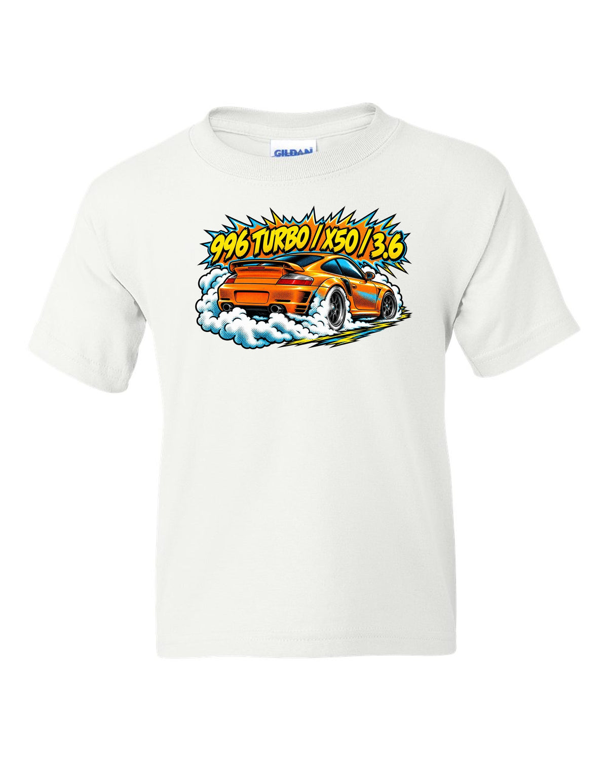 Porsche 996 Turbo comic halftone burnout burst design with X50 lettering white kids tee front view with the design