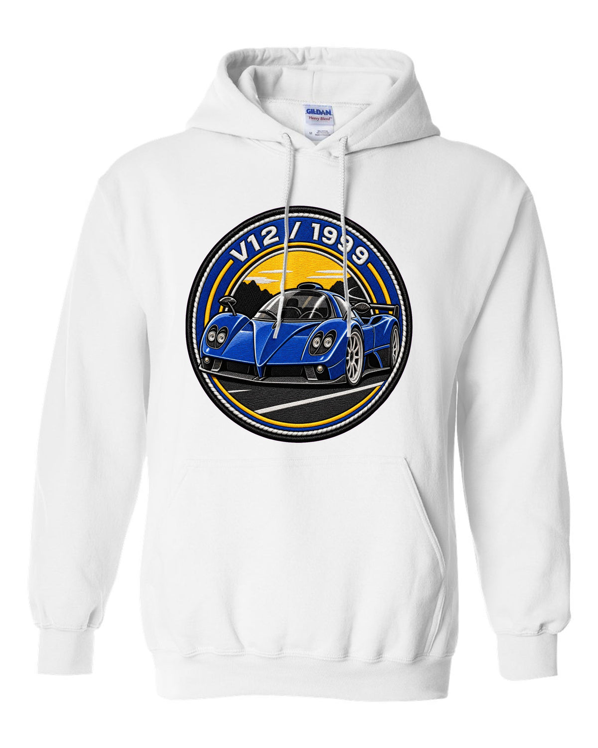 Varsity embroidery-style print for the 1999 Pagani Zonda C12 with V12 and 1999 lettering white pull over hoodie front view with the design