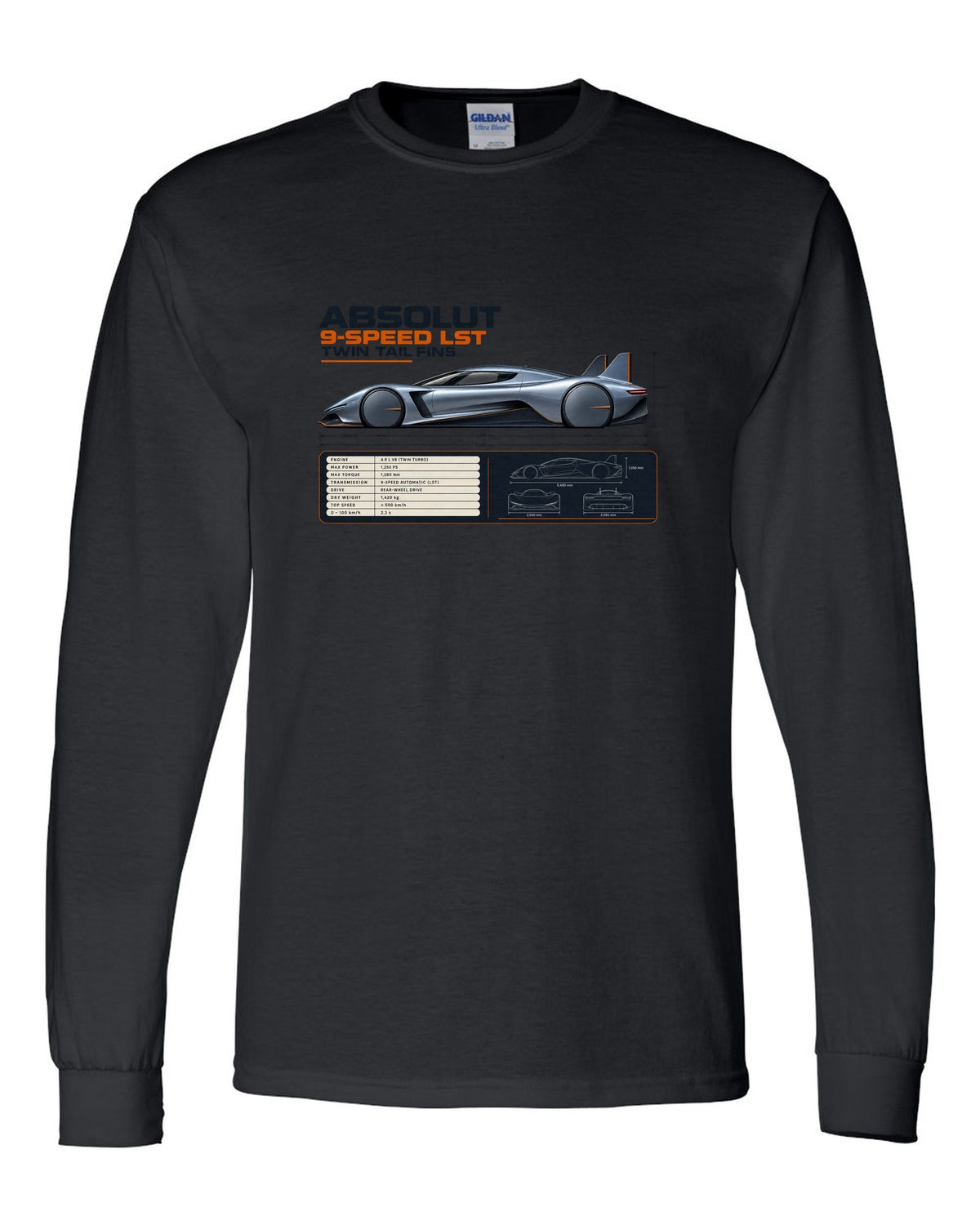 Koenigsegg Jesko Absolut Side Profile Spec Poster black long sleeve front view with the design