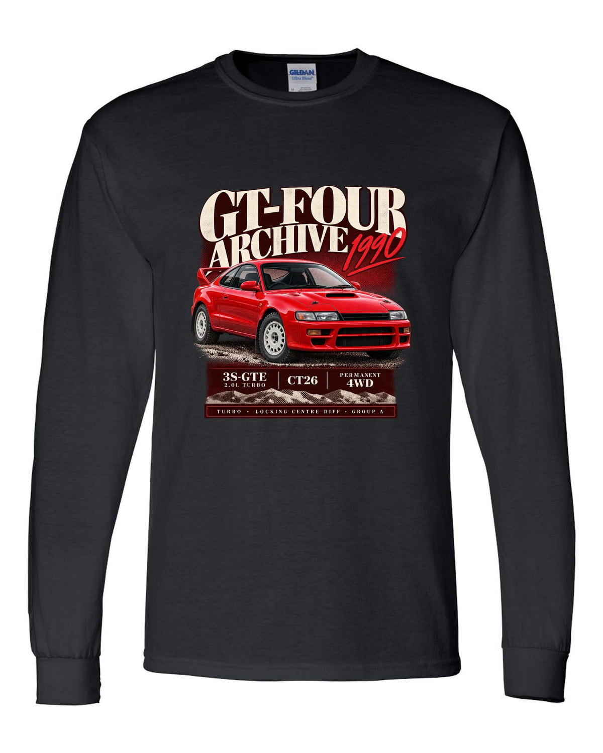 Archive panel print of a Toyota Celica GT-Four ST185 with 3S-GTE, CT26 and Group A text black long sleeve front view with the design
