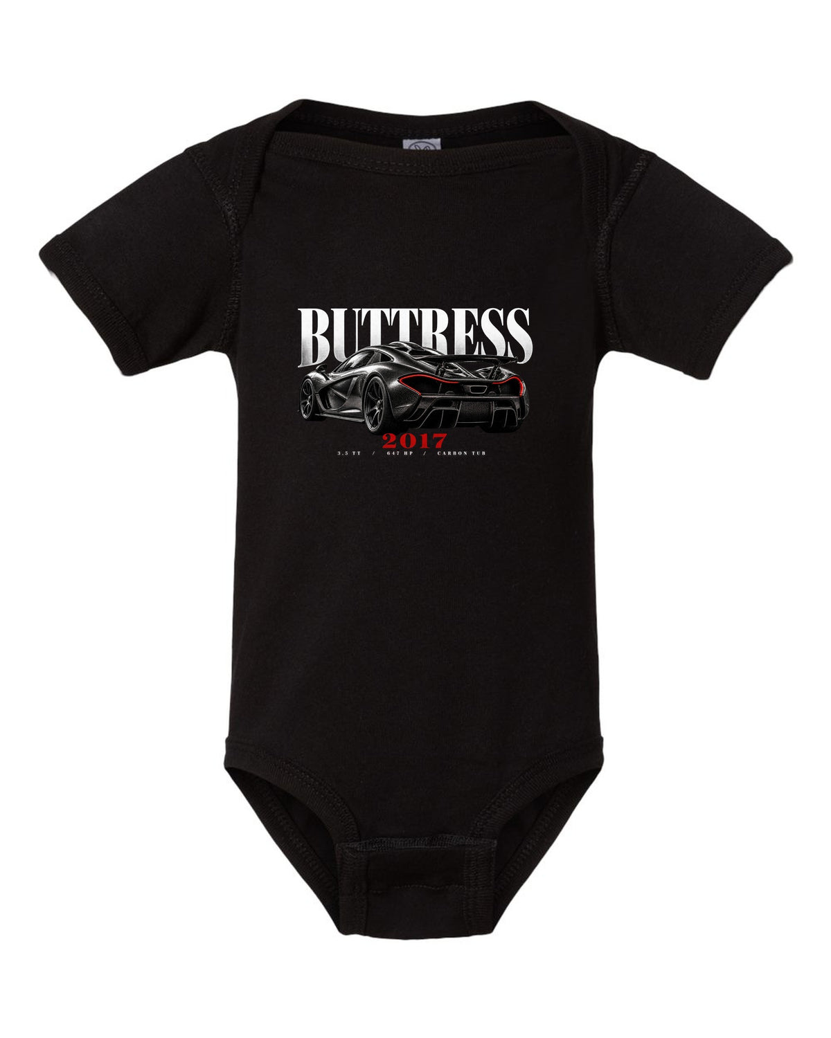 Ford GT 2017-22 buttress editorial print with 3.5 TT, 647 HP and carbon tub text black baby onesie front view with the design