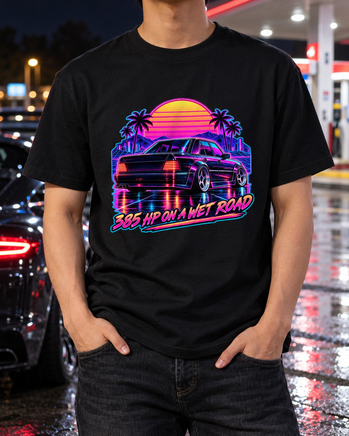 Mercedes 300E Hammer W124 Synthwave Wet Road Shirt T-Shirt Black worn hero